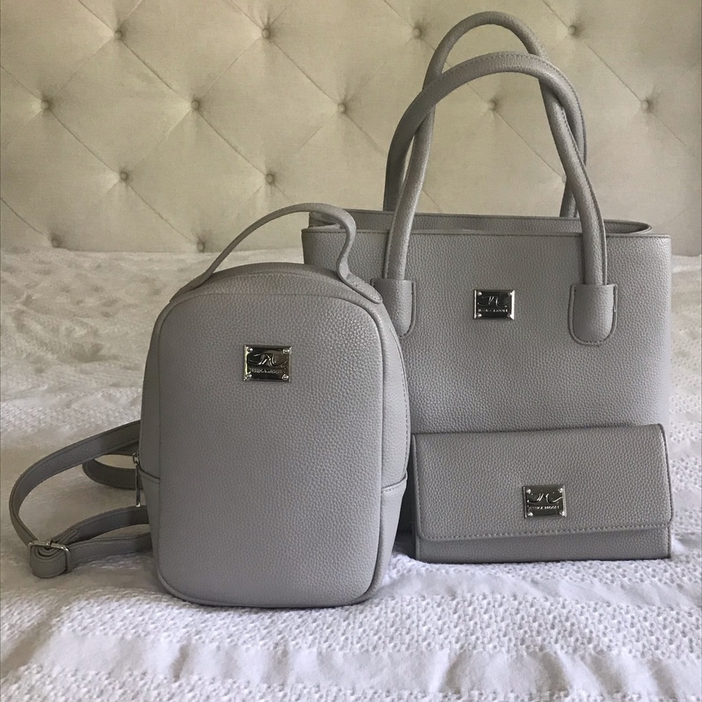 Gray faux leather purse wallet backpack lot